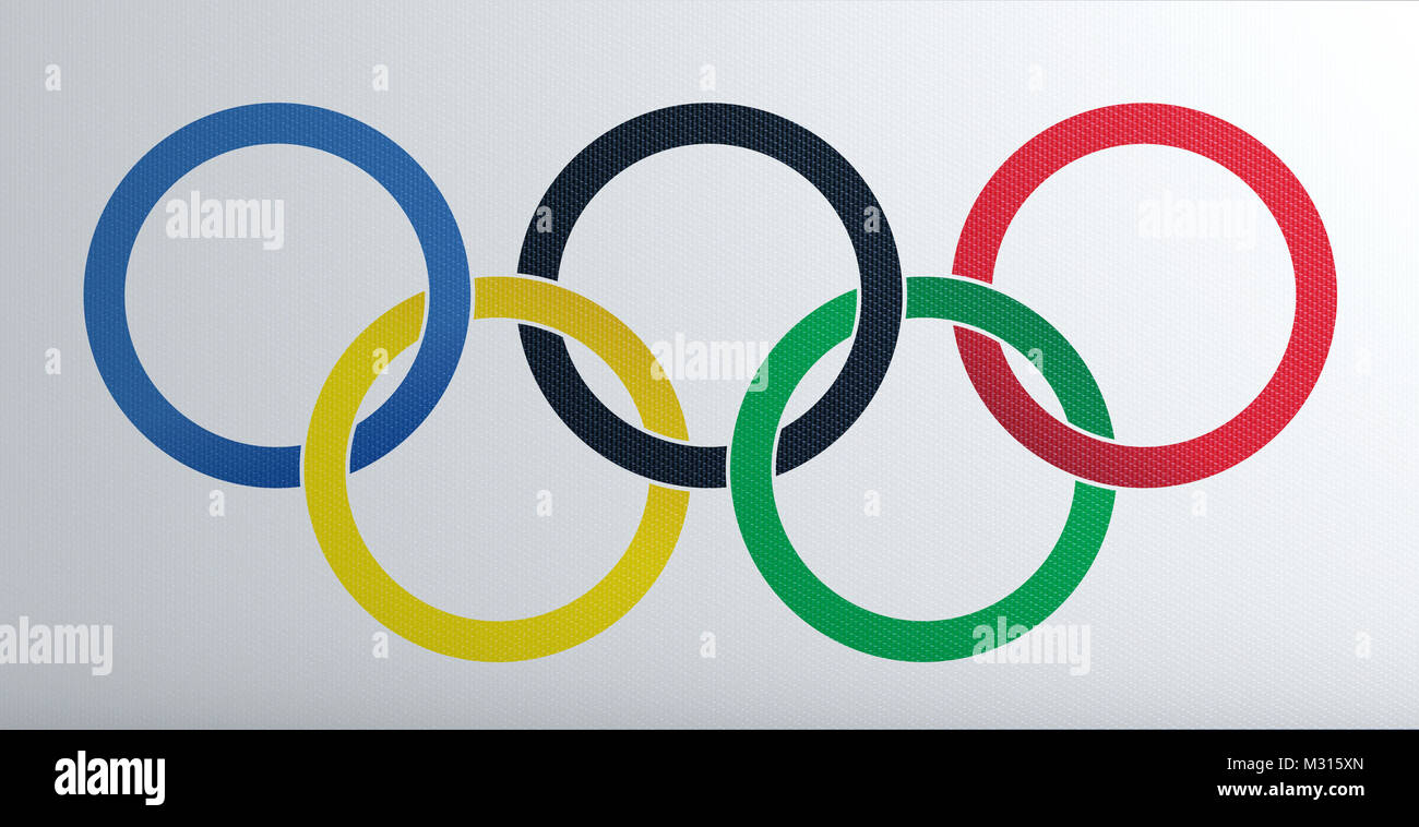 Olympische Ringe, Symbol der Olympischen Spiele, fahnenstoff. Symbol der olympischen Spiele reproduziert auf eine Flagge Stockfoto