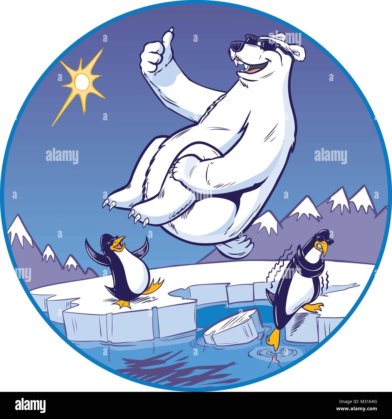 Vektor cartoon Clipart Illustration eines niedlichen lustige Eisbär Maskottchen geben einen Daumen nach oben, während Sie eine Kanonenkugel stürzen. Pinguine beobachten von einem kalten Stock Vektor