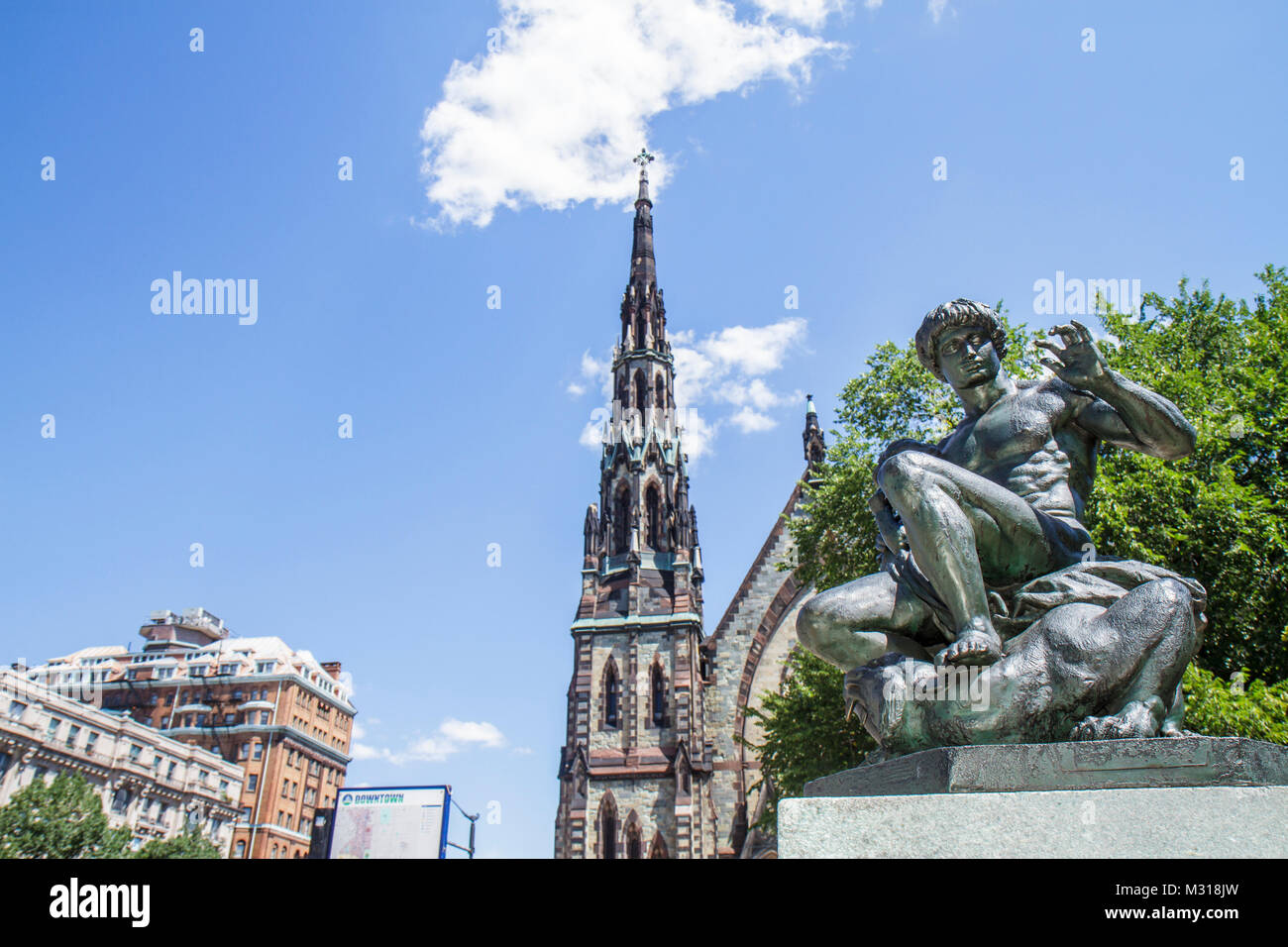 Baltimore Maryland, Mount Mt. Vernon National Landmark Historic District, Nachbarschaft, United Methodist Church, viktorianische gotische Architektur, Turmspitze, Sculp Stockfoto