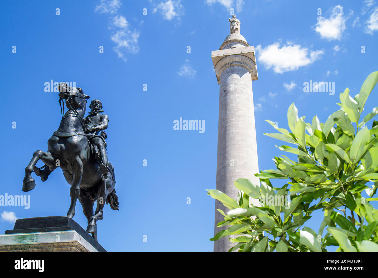 Baltimore Maryland, Mount Mt. Vernon National Landmark Historic District, Washington Place, Washington Monument, Denkmal, Reiterstatue, Lafayette, MD10 Stockfoto