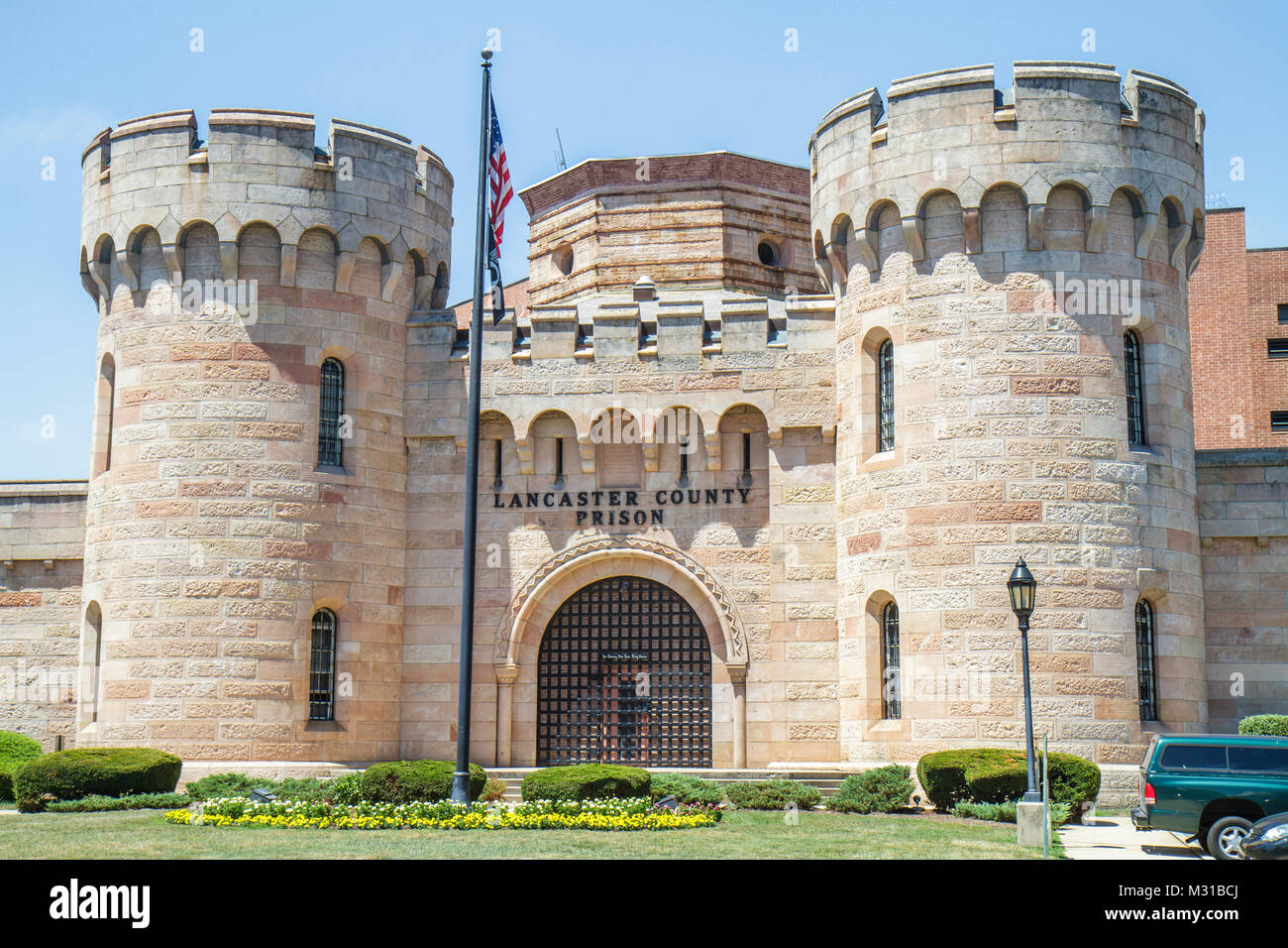 Pennsylvania, PA, Northeastern, Lancaster, Lancaster County Prison, Gebäude im mittelalterlichen Stil, ungewöhnliche Architektur, Schloss, Replik, Inhaftierung, Bestrafung, Peni Stockfoto