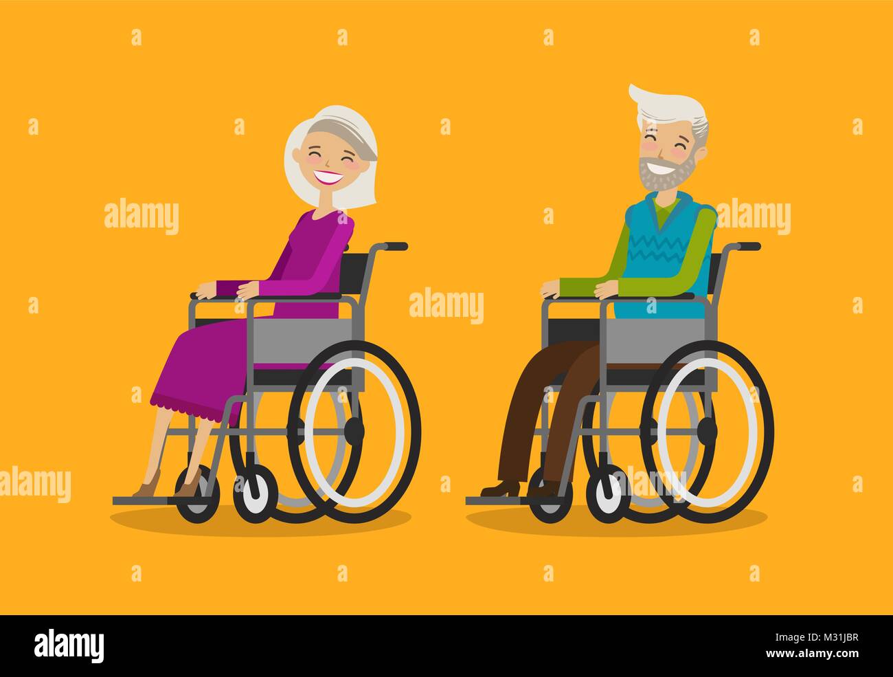Behinderte Menschen im Rollstuhl. Cartoon Vector Illustration in flacher Bauweise Stock Vektor
