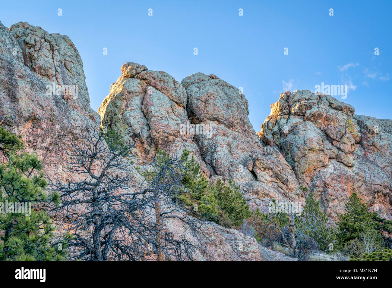 Horsetooth Rock mit Sonnenuntergang Hintergrundbeleuchtung, ein Wahrzeichen von Fort Collins und Nordkolorado, Stockfoto