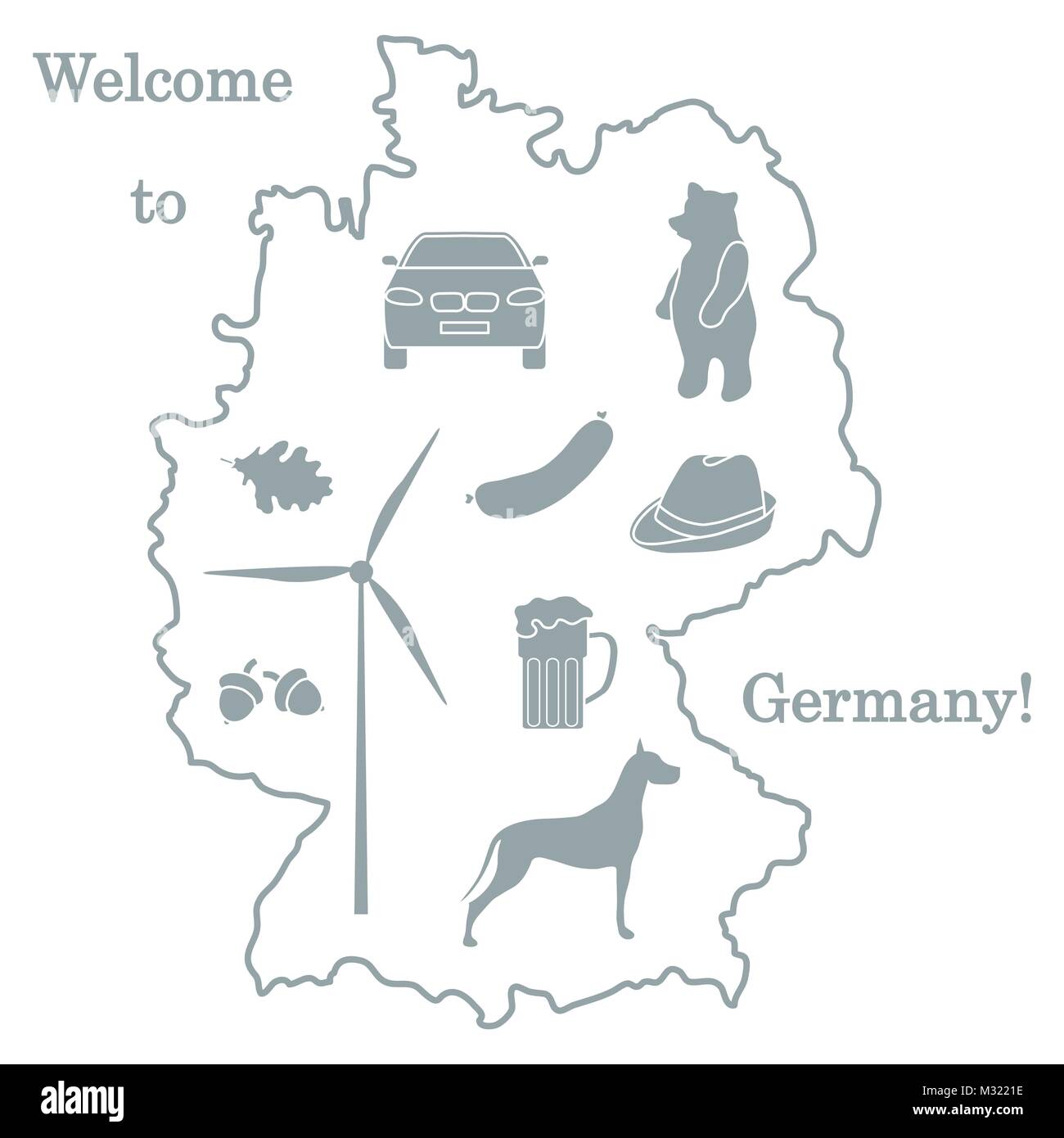 Vector Illustration mit verschiedenen Symbolen in Deutschland. Reisen und Freizeit. Design für Banner, Poster oder Drucken. Stock Vektor