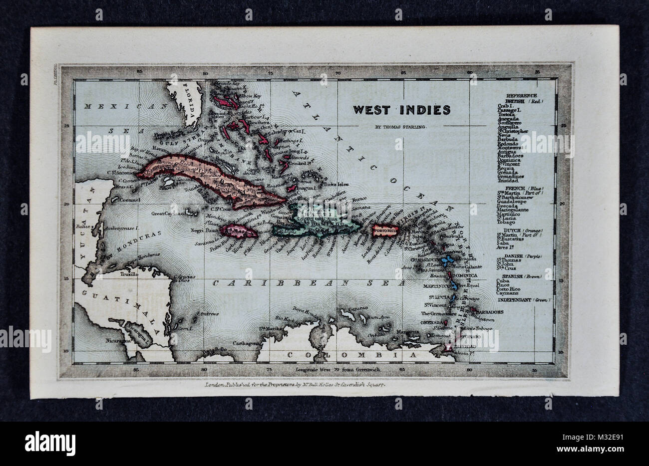 Starling 1834 Karte - West Indies - Kuba Jamaika Haiti Santo Domingo Porto Rico Bahama Inseln Key West Florida Antillen Stockfoto