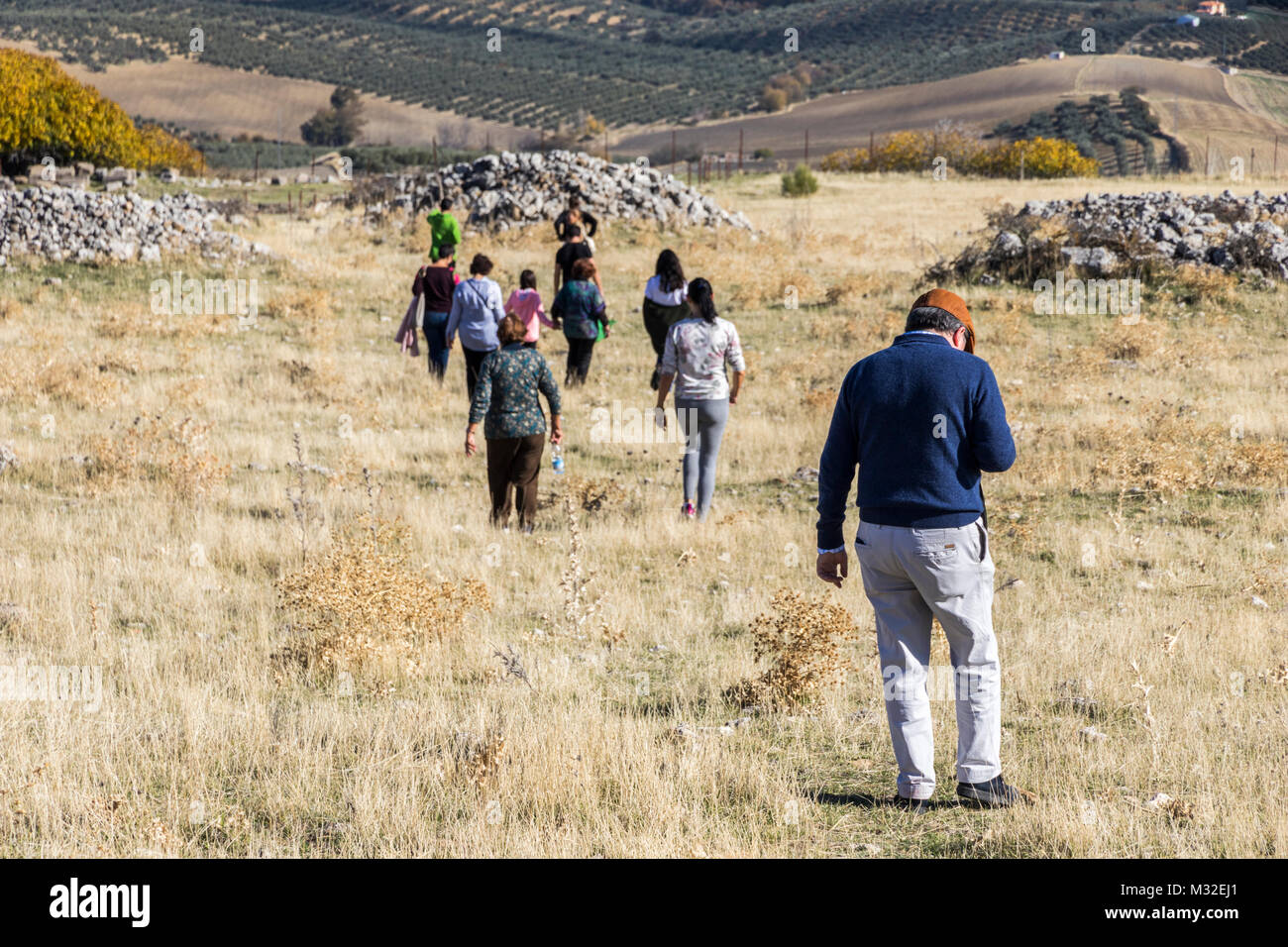 Die Menschen wandern in die archäologische Ausgrabungsstätte der antiken Stadt von Acinipo in der Serranía de Ronda in der Provinz Malaga, Andalusien, Spanien Stockfoto