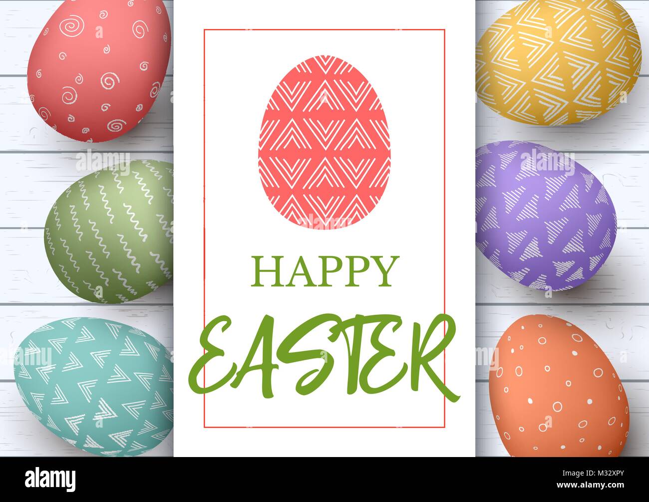 Frohe Ostern. Festliche Ostern weiß Holz- Hintergrund. Ostern bunte Eier in Horisontal Einklang mit eleganten Ornamenten. hand Schrift Stock Vektor