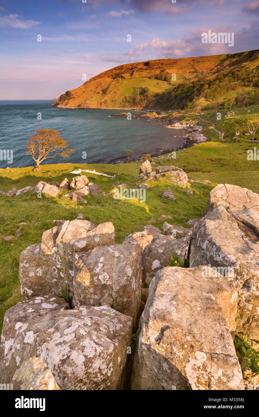 Am Abend Sonnenlicht über die idyllische Murlough Bucht an der Küste Causeway in Nordirland. Stockfoto