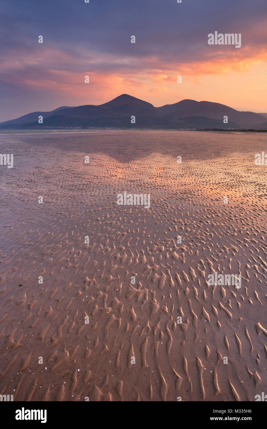 Die Mourne Mountains in Nordirland bei Sonnenuntergang, fotografiert von Murlough Strand. Stockfoto