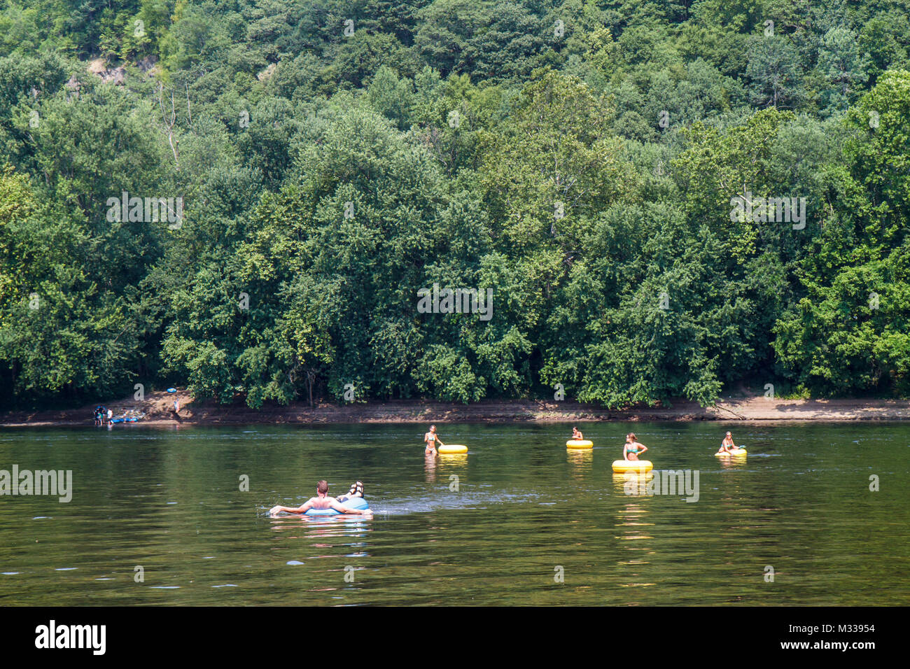 Pennsylvania Point Pleasant Delaware River Water, New Jersey Side Trees River Country Ausstatter Naturlandschaft, Tubing Erholung schwimmt mit Stockfoto