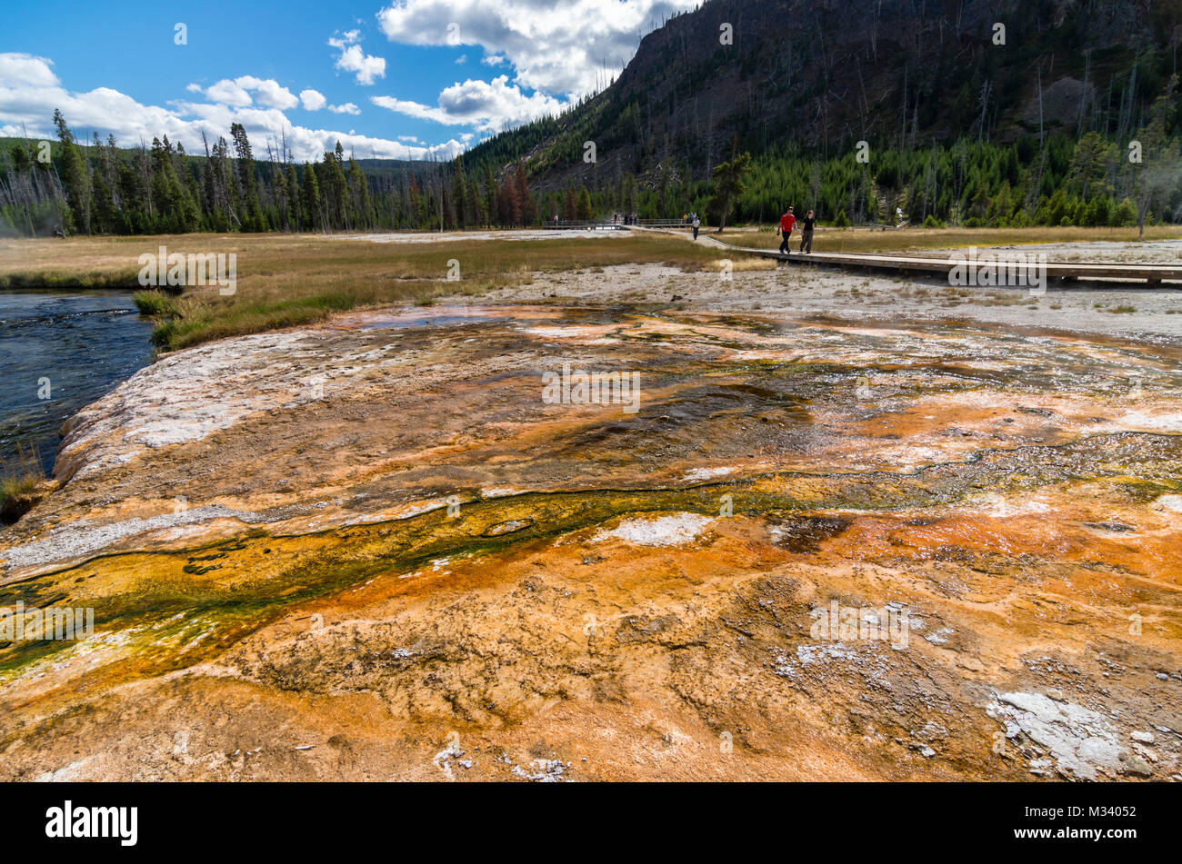 Tourits Spaziergang entlang geyserite Ablagerungen entlang Bügeleisen Spring Creek. Yellowstone National Park, Wyoming, USA Stockfoto