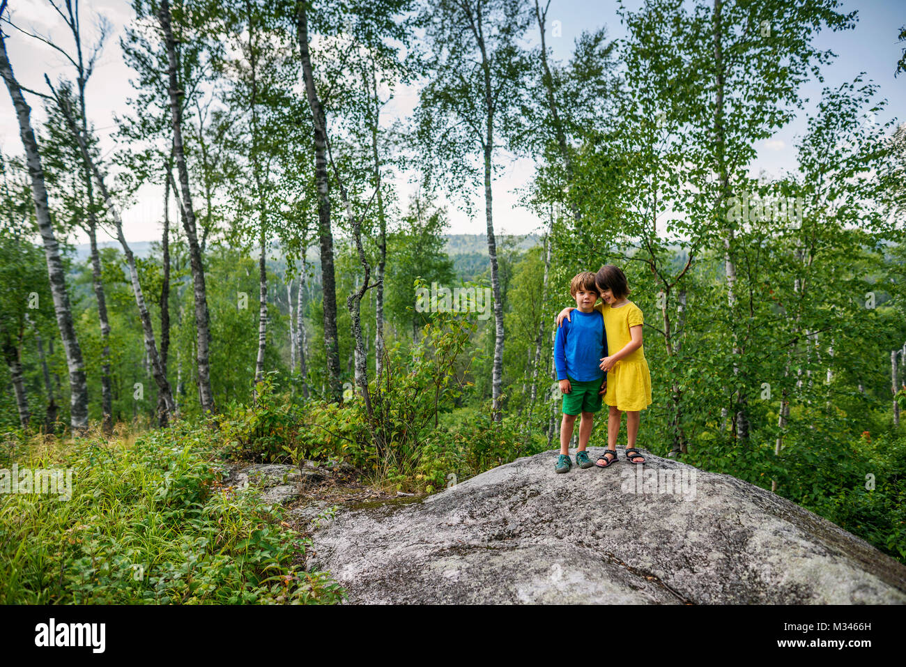 Junge und Mädchen stehend auf einem Felsen im Wald Stockfoto