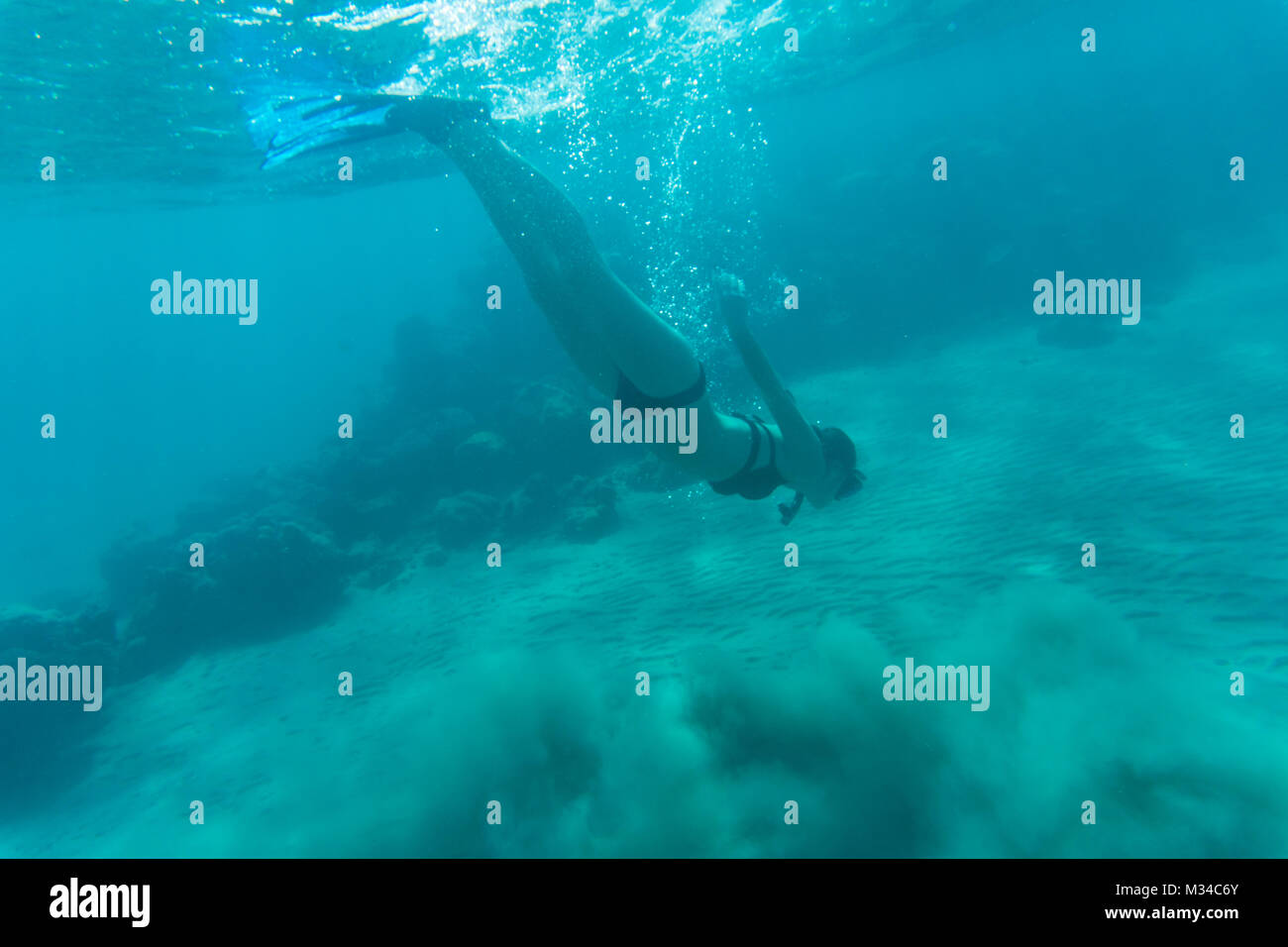Schöne Frau im Bikini Schnorchel über Korallenriffe im Meer Stockfoto
