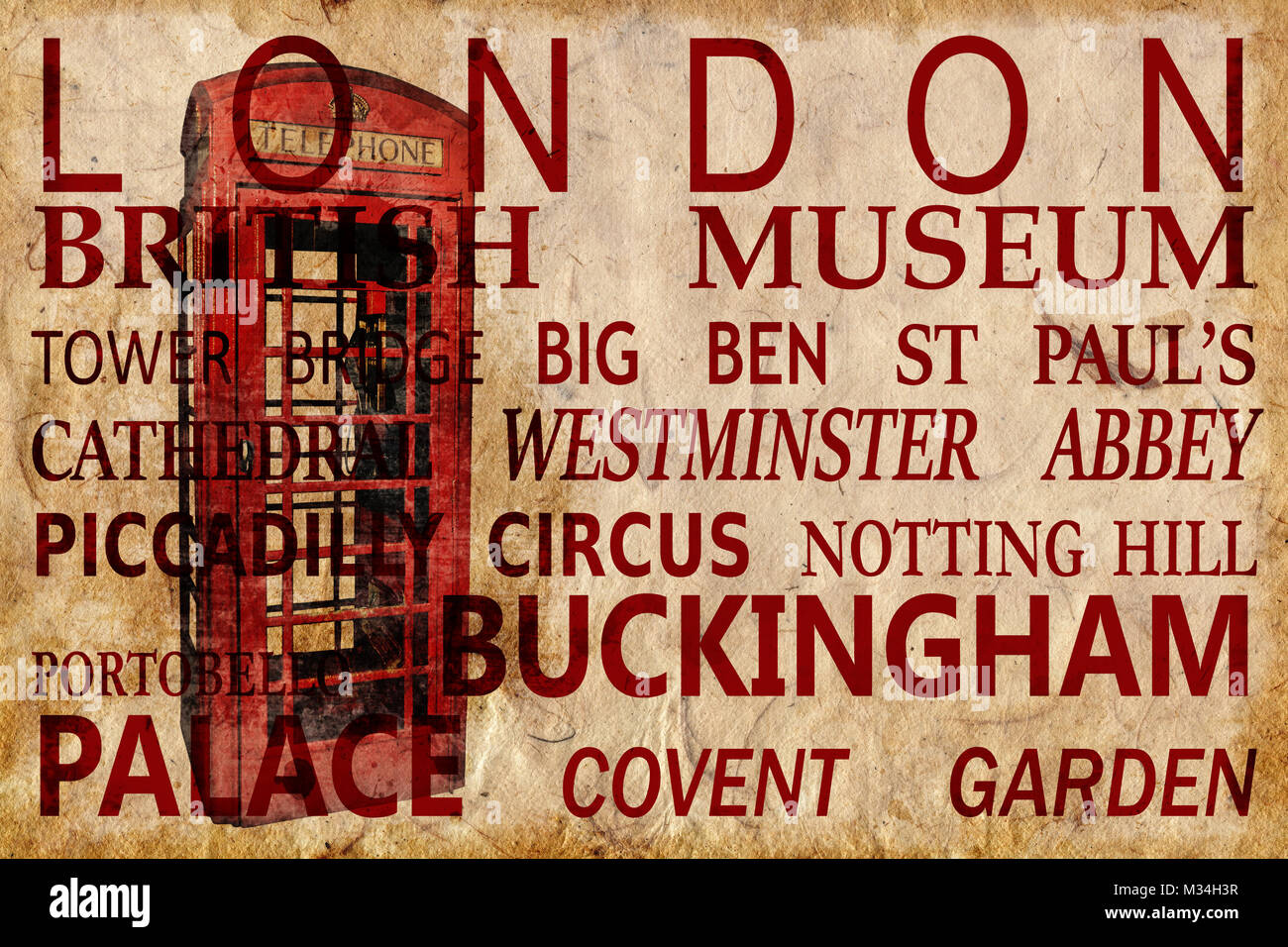 Text mit Londoner Sehenswürdigkeiten auf rotem Feld vintage sepia Hintergrund Stockfoto