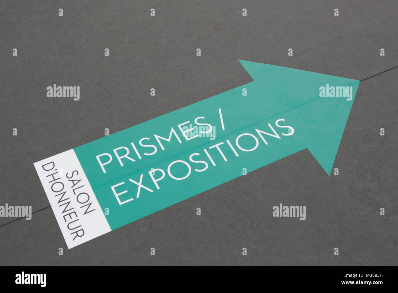 PARIS - 10. NOVEMBER: Grüner Pfeil während Paris Photo Art Fair im Grand Palais am 10. November 2017 in Paris, Frankreich. Stockfoto