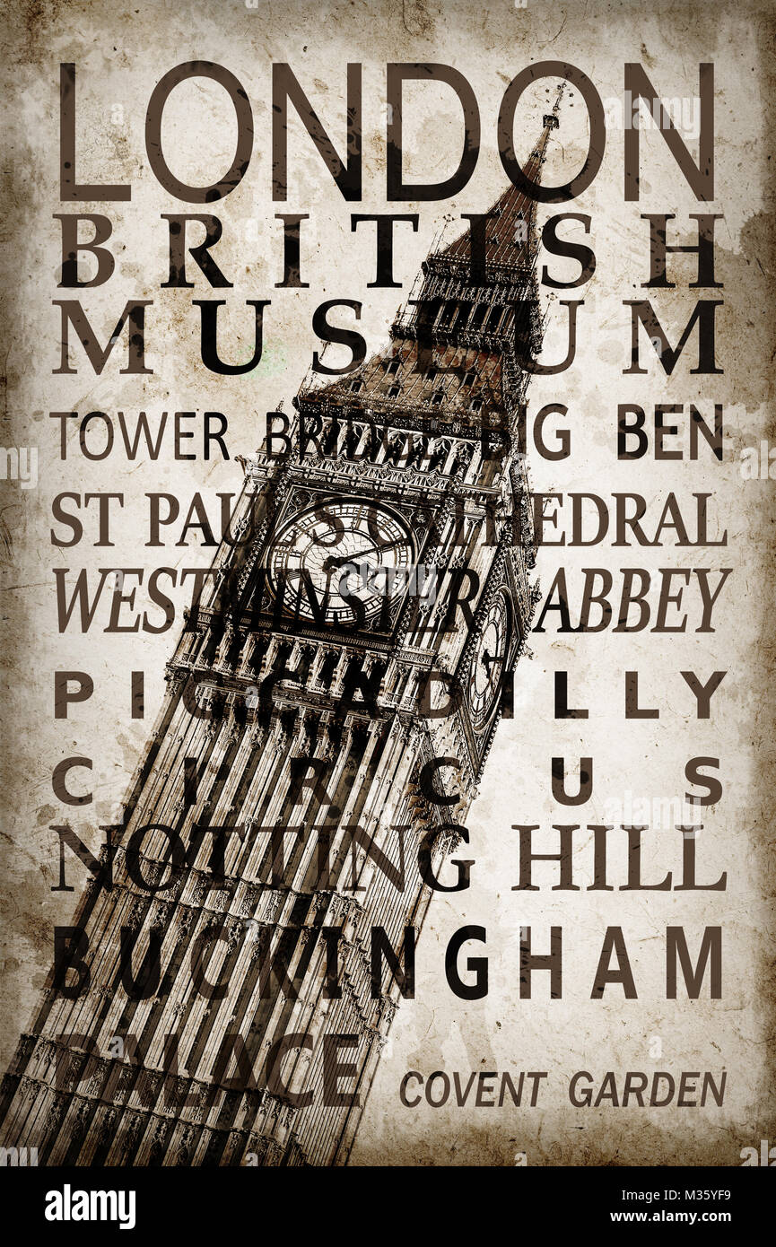 Text mit Londoner Sehenswürdigkeiten auf Big Ben vintage sepia Hintergrund Stockfoto