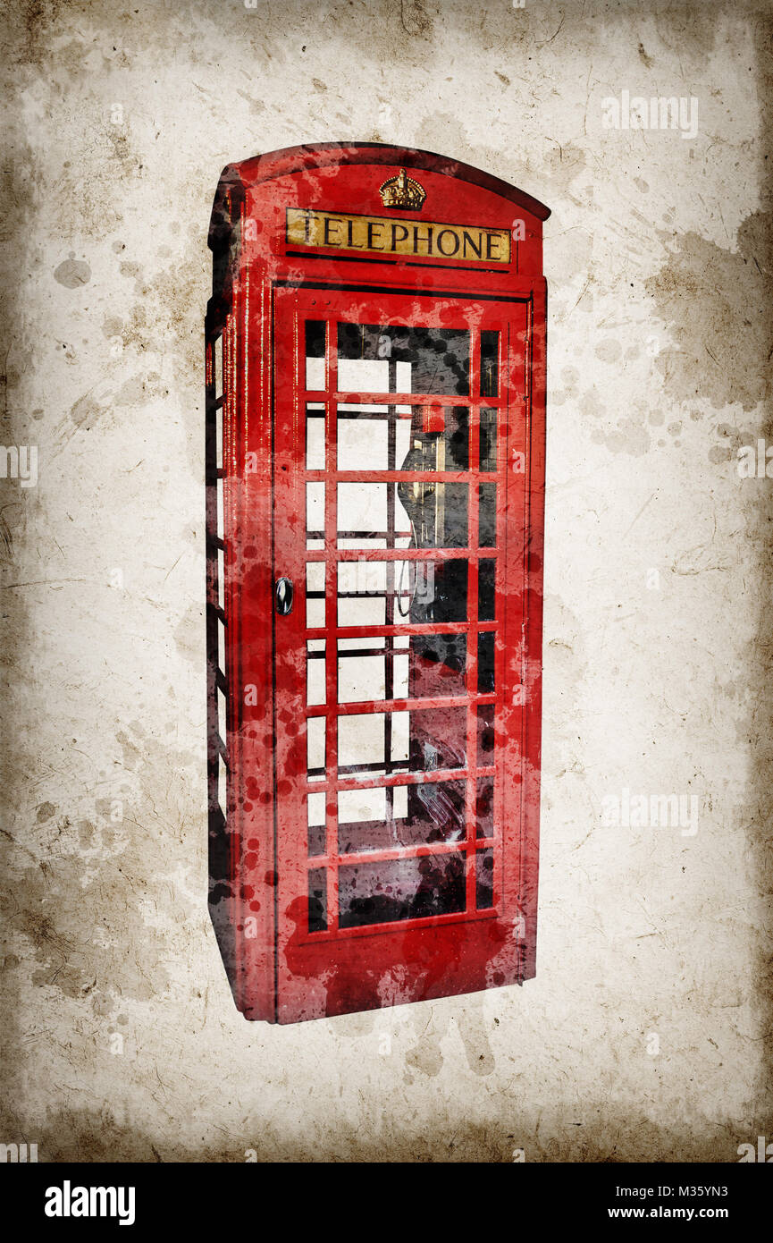 Londons rote Telefonzelle auf Vintage grunge sepia Papier Hintergrund isoliert Stockfoto