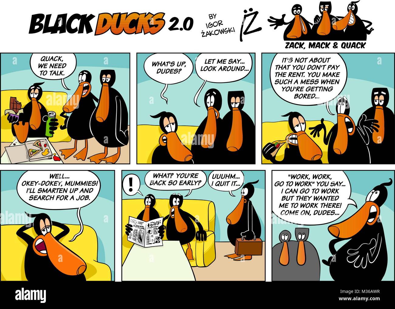Cartoon Illustration von Schwarzen Enten 2 Comic Story Episode 1. Stock Vektor