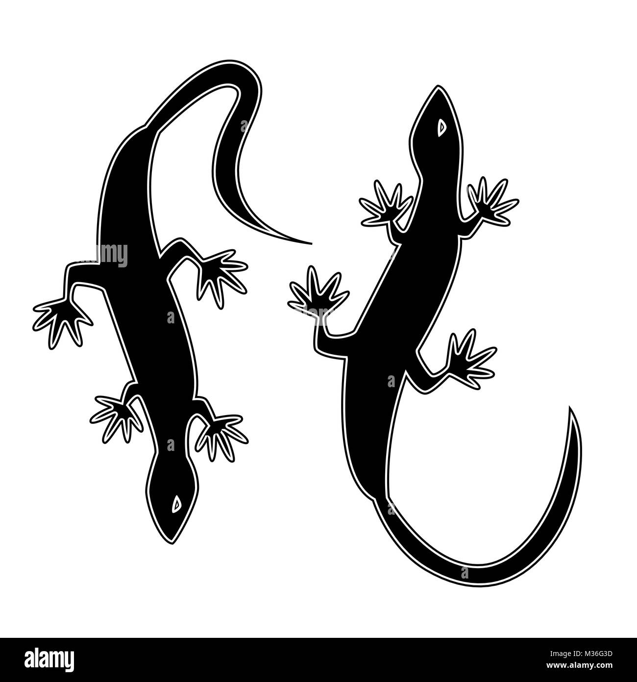 Zwei Silhouetten in Form von Eidechsen. Monochromen Vector Illustration. Tattoo. Stock Vektor