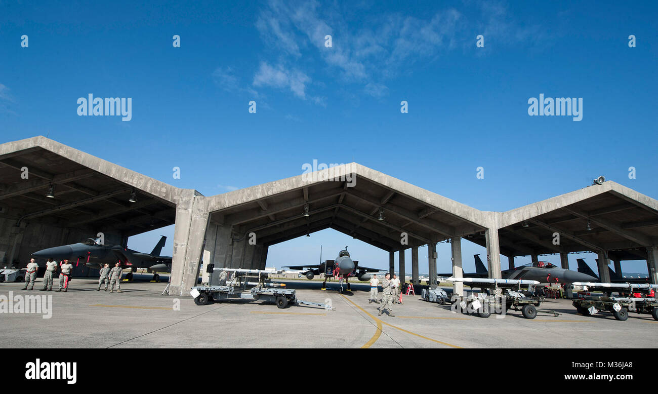 Us Air Force Piloten aus dem 18 Aircraft Maintenance Squadron für die jährliche Waffen laden Wettbewerb Jan. 4, 2017 vorbereiten, bei Kadena Air Base, Japan. Der Wettbewerb ist zwischen der 67th und 44th Aircraft Maintenance Einheiten statt, um herauszufinden, welche Flieger machen den schnellsten Waffen laden Besatzungen auf Kadena. (U.S. Air Force Foto von älteren Flieger Lynette M. Rolen/Freigegeben) Rennen gegen die Uhr von # FIRMA PACOM Stockfoto