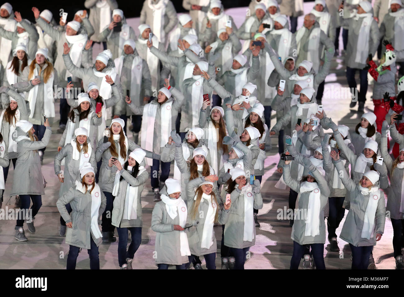 Olympischen Athleten aus Russland während der Eröffnungsfeier der Olympischen Spiele 2018 PyeongChang am Olympiastadion PyeongChang in Südkorea. Stockfoto