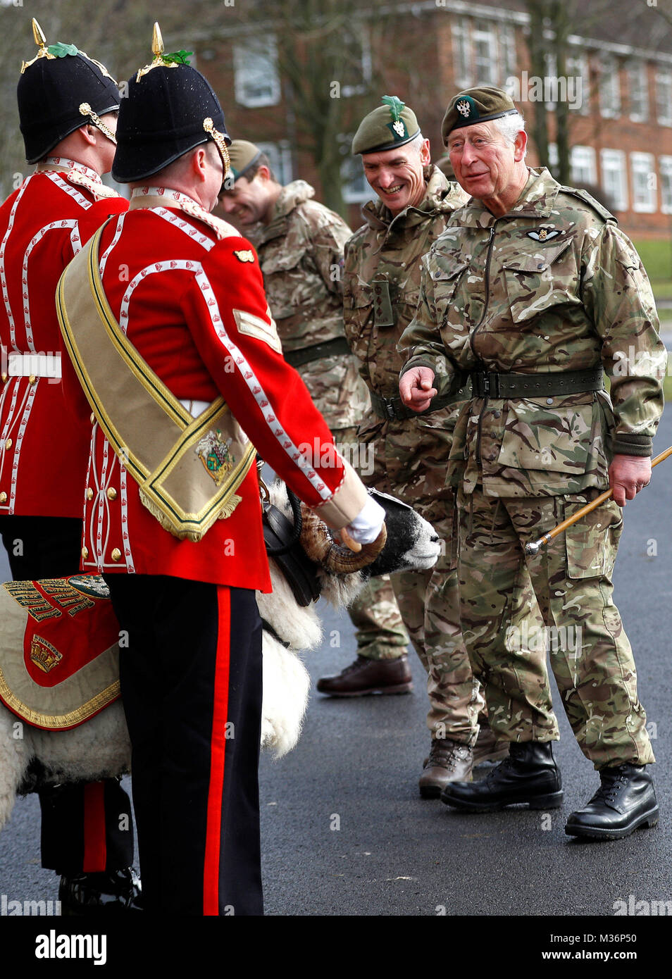 Der Prinz von Wales (rechts) erfüllt Private Derby XXII, eine swaledale Ram und der Regimental Maskottchen bei seinem Besuch der 1.BATAILLON der Mercian Regiment zu 10 Jahre als Oberst und 40 Jahre seit dem Werden Oberst-in-chief des Cheshire Regiment markieren. Stockfoto