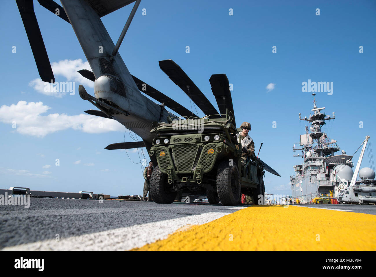 170315-N-XT 039-101 philippinischen Meer (15. März 2017) Cpl. Nathan Banta, von Versailles, Illinois, zugeordnet zu den Bataillon Landung Team (BLT) 2/5 E Batterie Artillerie, Laufwerke intern transportable Fahrzeug, Licht-Variante (ITV-LSV) während ein Fahrzeug unter Last auf dem Flugdeck des Amphibious Assault ship USS BONHOMME RICHARD (LHD6) zur Unterstützung von Amphibischen integration Training (AIT). AIT ist so ausgelegt, dass alle Elemente der Bonhomme Richard Expeditionary Strike Group (BHR ESG) und 31 Marine Expeditionary Unit (MEU) ihre Fähigkeit zur Planung und Durchführung der Mission wesentliche Aufgaben zu testen, um zu integrieren. Stockfoto