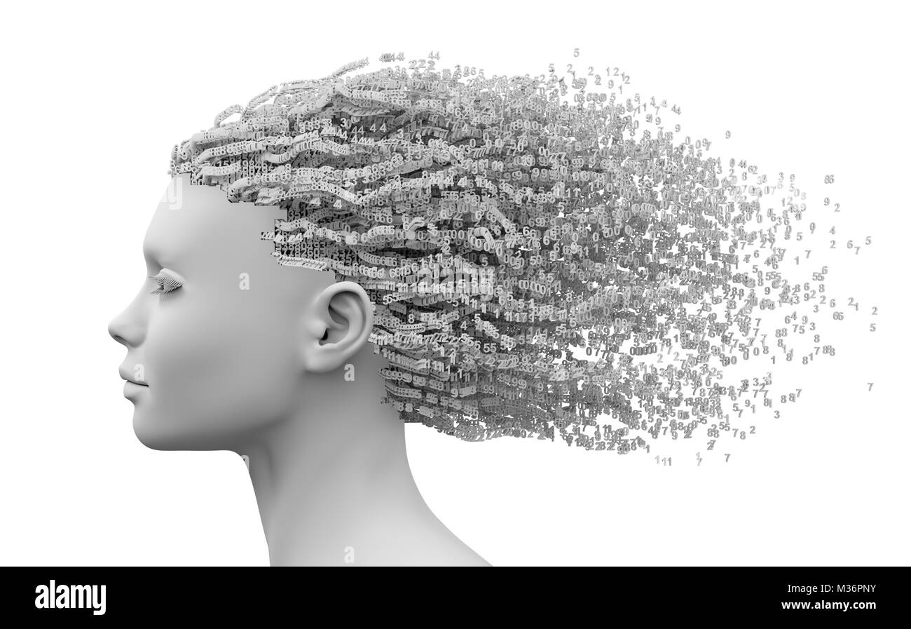 Leiter der schöne junge Frau und 3D Ziffern als Haar Stockfoto