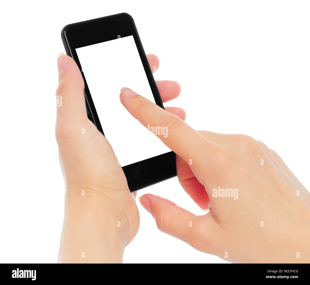 Hände, die berühren und Smart Phone auf weißem Hintergrund Stockfoto