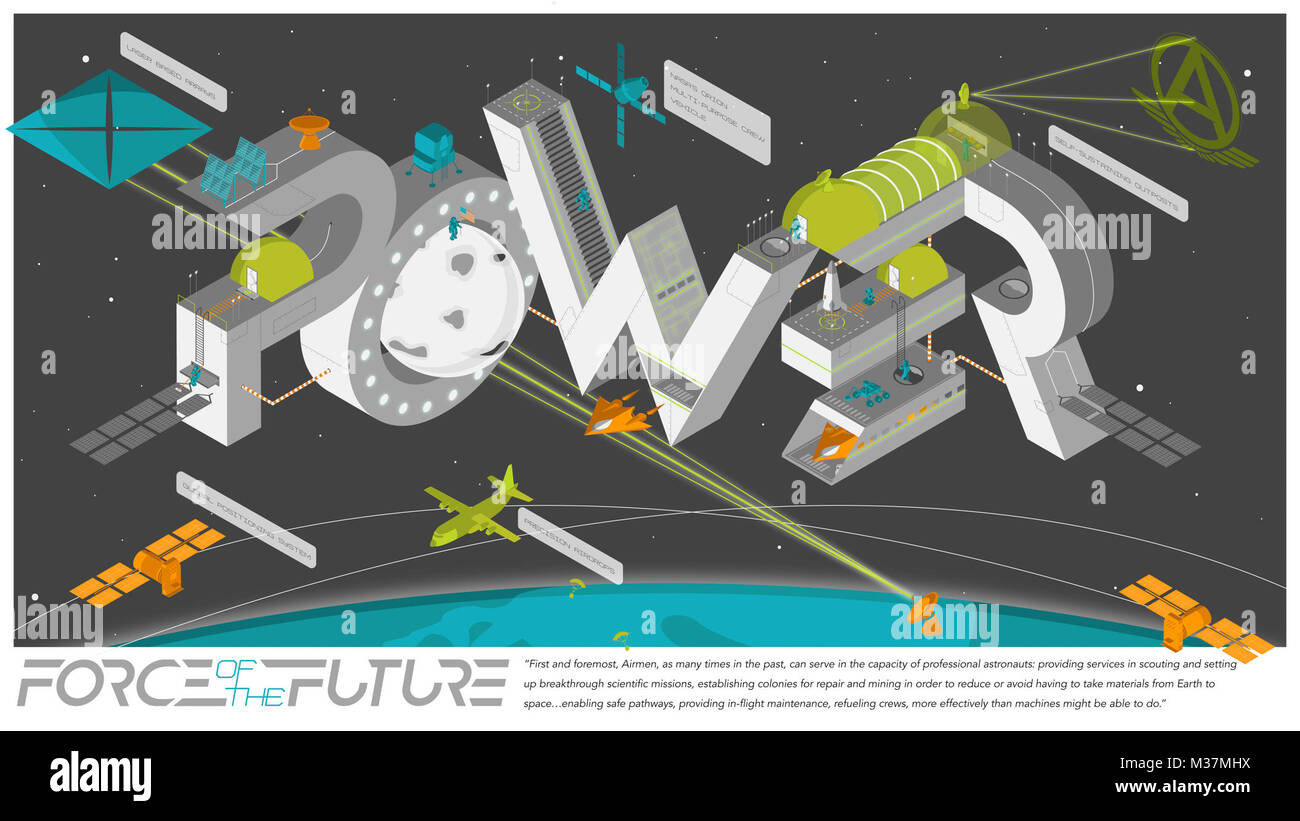 Zu diesem Tag der US Air Force ist an der vordersten Reihe der Druck weiter in Raum blieb, das Starten von Kommunikation und GPS (Global Positioning System) Satelliten zur Verfügung stellen Astronaut Flieger, die zuerst in die Erdumlaufbahn wagte, ging auf den Mond und sind derzeit an Bord der Internationalen Raumstation. Die Zukunft verspricht der Laser-basierte Segel und nachhaltige Raum Vorposten. (U.S. Air Force Grafik von Maureen Stewart) Kraft der Zukunft durch AirmanMagazine Stockfoto