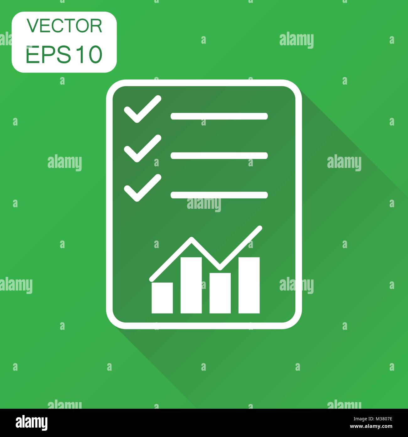 Checkliste Grafik rechts. Business Concept Check Diagramm Piktogramm. Vector Illustration auf grünem Hintergrund mit langen Schatten. Stock Vektor