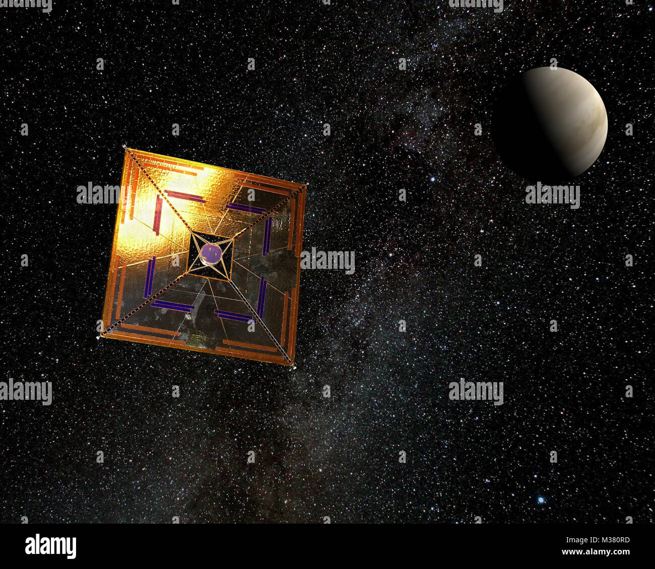 Artist's Rendering der IKAROS spaceprobe im Flug. IKAROS (Interplanetare Kite - Handwerk durch Strahlung beschleunigt der Sonne) ist eine Japan Aerospace Exploration Agency (JAXA) experimentelle Raumfahrzeug im Mai 2010 gestartet wurde. IKAROS ist die erste Sonde, die erfolgreich Solar Sail Technologie, bei der die Sonneneinstrahlung beeinflussen ein Segel treibt ein Handwerk in den interplanetaren Raum zu demonstrieren. (Foto/JAXA) IKAROS Solar Sail durch AirmanMagazine Stockfoto