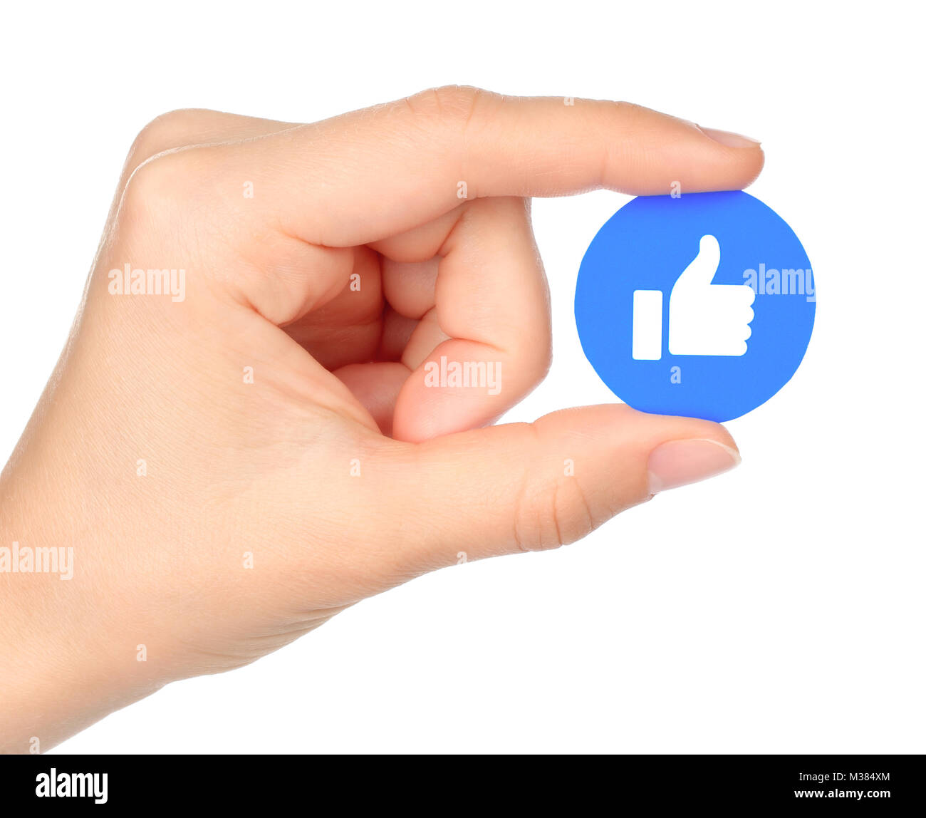 Kiew, Ukraine - September 04, 2017: Hand hält Facebook wie einfühlsame Emoji Reaktion, auf Papier gedruckt. Facebook ist ein bekannter social networking s Stockfoto