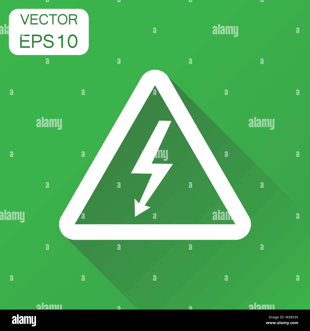 Hohe Spannung Warnschild Symbol. Geschäftskonzept Gefahr strom Piktogramm. Vector Illustration auf grünem Hintergrund mit langen Schatten. Stock Vektor