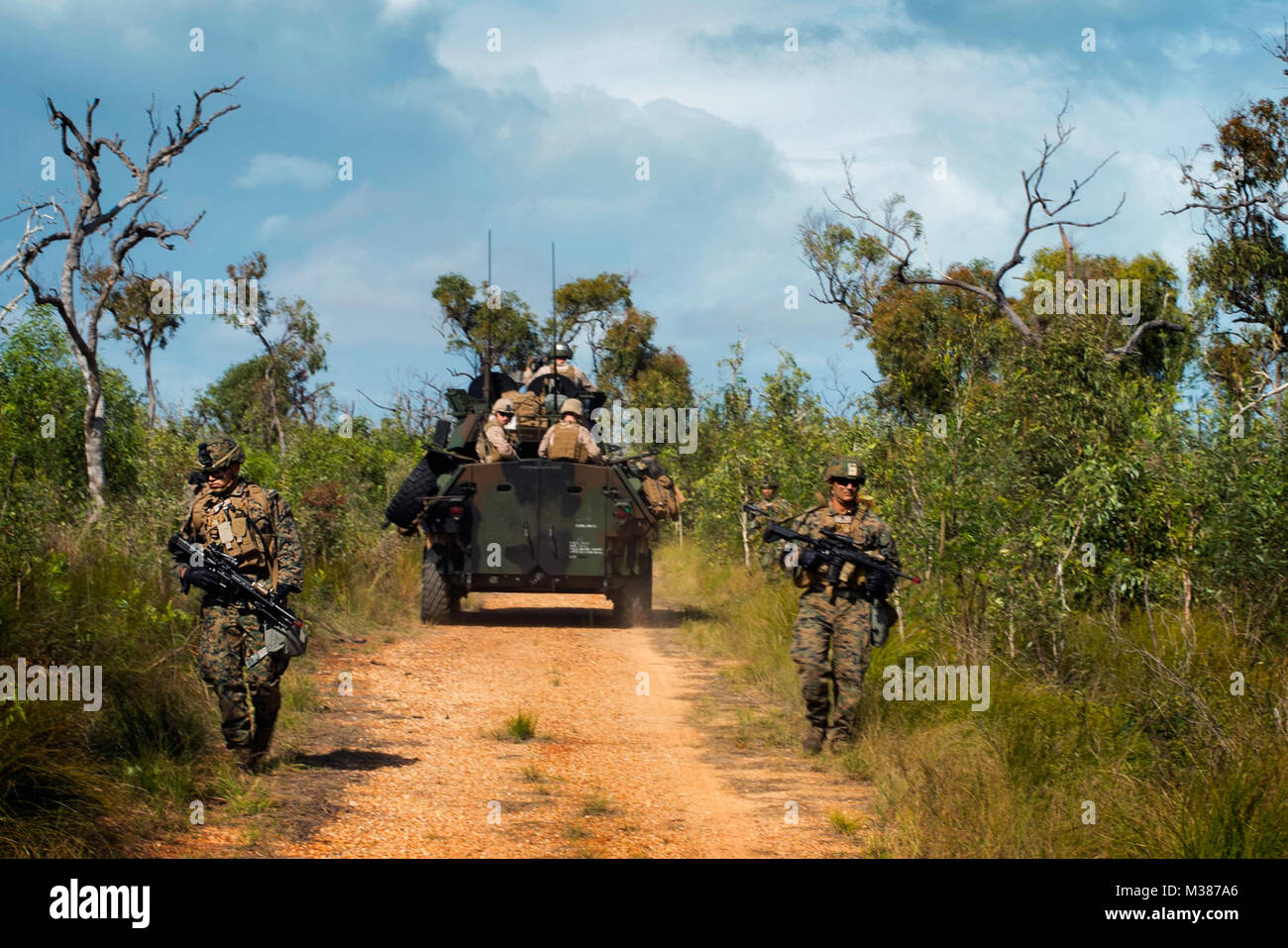 170713-N-WF 272-375 TOWNSHEND Island, Australien (13 Juli 2017) Marines, zugeordnet zu den 31 Marine Expeditionary Unit (MEU), Patrouillen Verhalten entlang einer Landing Zone als Teil einer groß angelegten amphibischen Angriff während Talisman Sabre 17. Die 31. MEU ist gemeinsam mit australischen Kollegen zusammen, die im Rahmen von stabilisierungsoperationen zu trainieren. (U.S. Marine video von Mass Communication Specialist 2. Klasse Diana Quinlan/Freigegeben) Marines Patrouillen Verhalten als Teil der groß angelegten amphibischen Angriff während Talisman Sabre 17 von # FIRMA PACOM Stockfoto