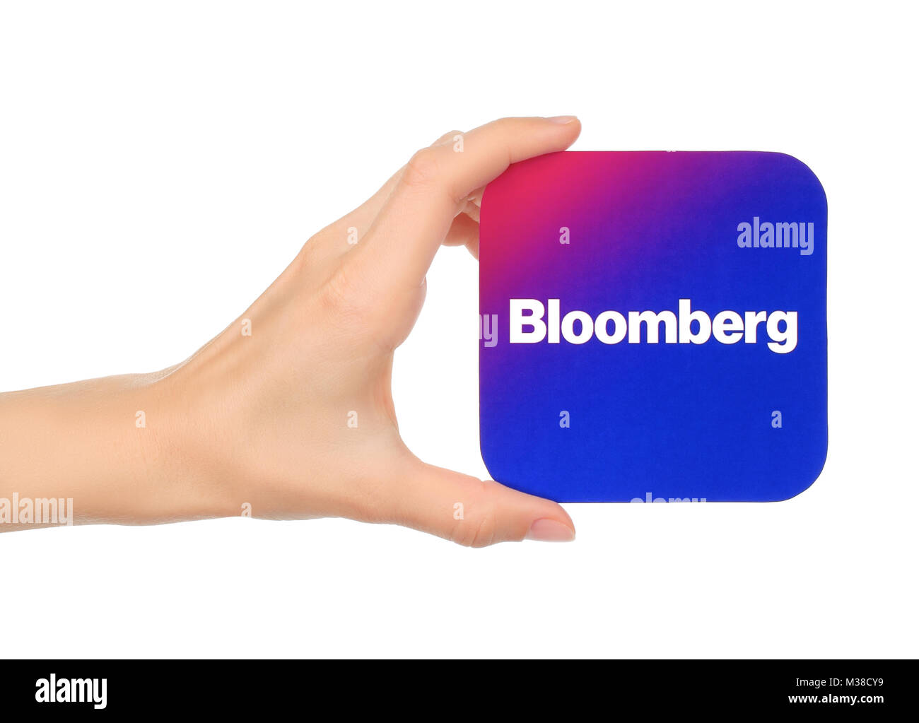Kiew, Ukraine - September 04, 2017: Hand hält Bloomberg Symbol auf Papier gedruckt. Bloomberg ist ein Zugang zum globalen Business und Finanzen Nachrichten Stockfoto