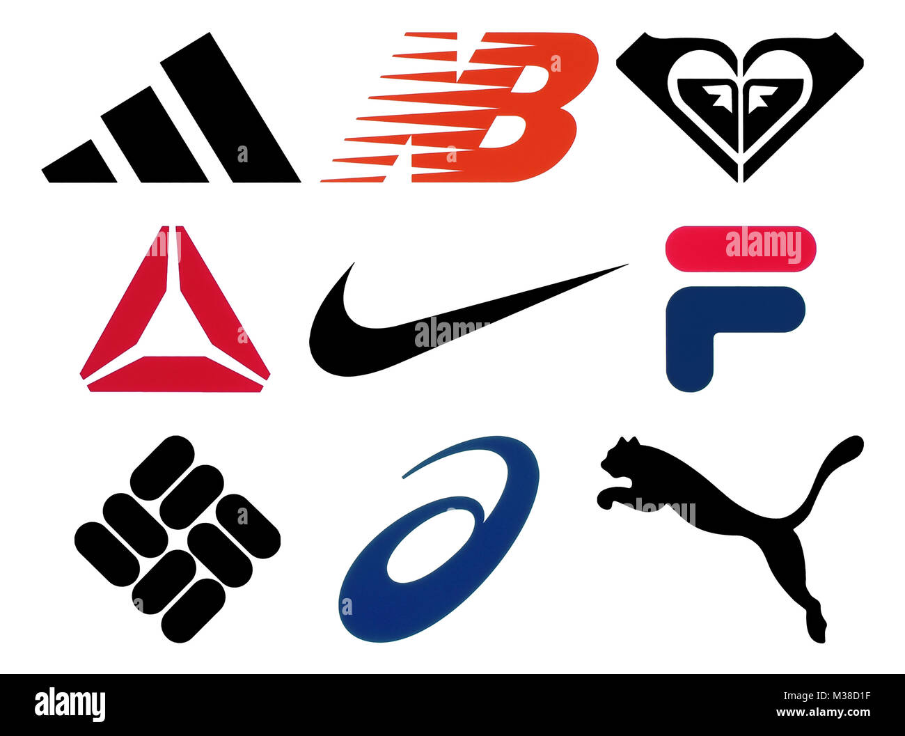 Kiew, Ukraine - Oktober 27, 2017: Set der beliebten Sportswear fertigt Logos auf Papier gedruckt: Adidas, New Balance, Roxy, Reebok, Nike, Fila, Columb Stockfoto