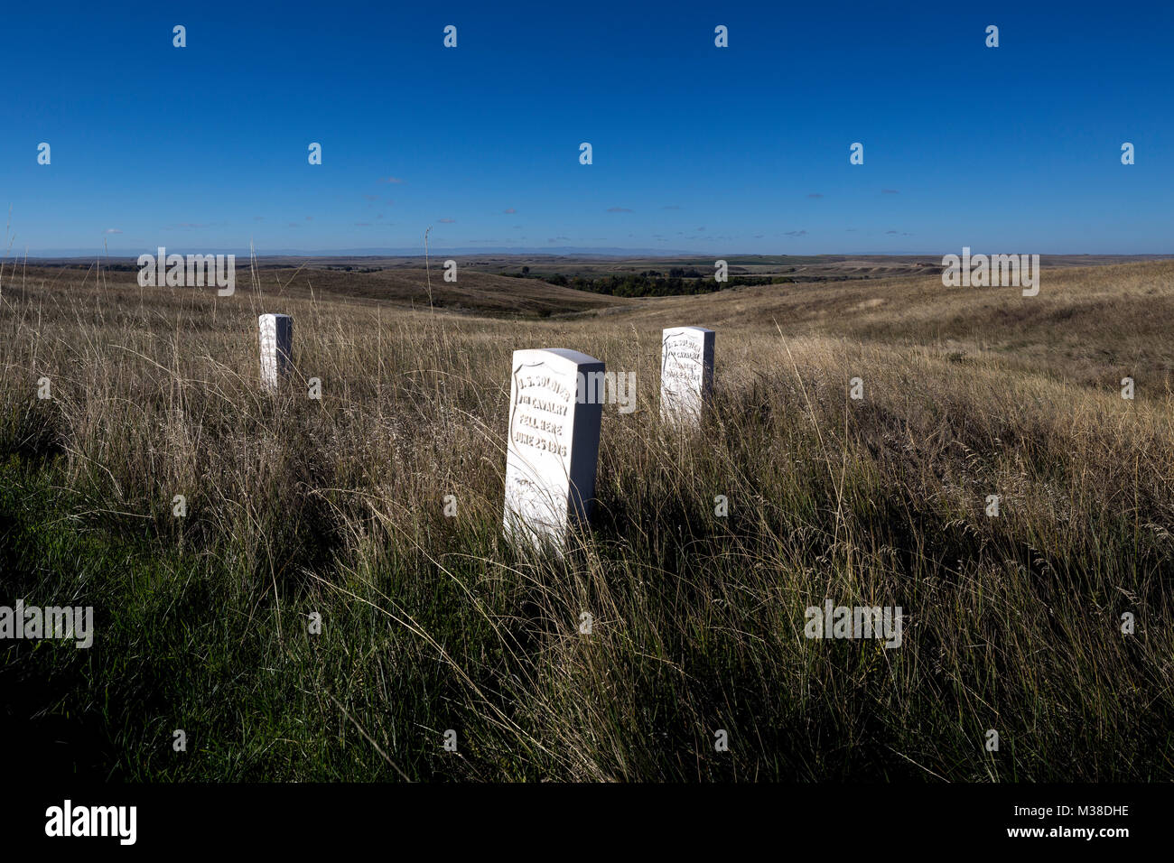 MT 00093-00 ... MONTANA - Grabsteine der gefallenen Soldaten auf dem letzten Stand Hügel am Little Bighorn Battlefield National Monument Abschnitt der Krähe indischen Res Stockfoto