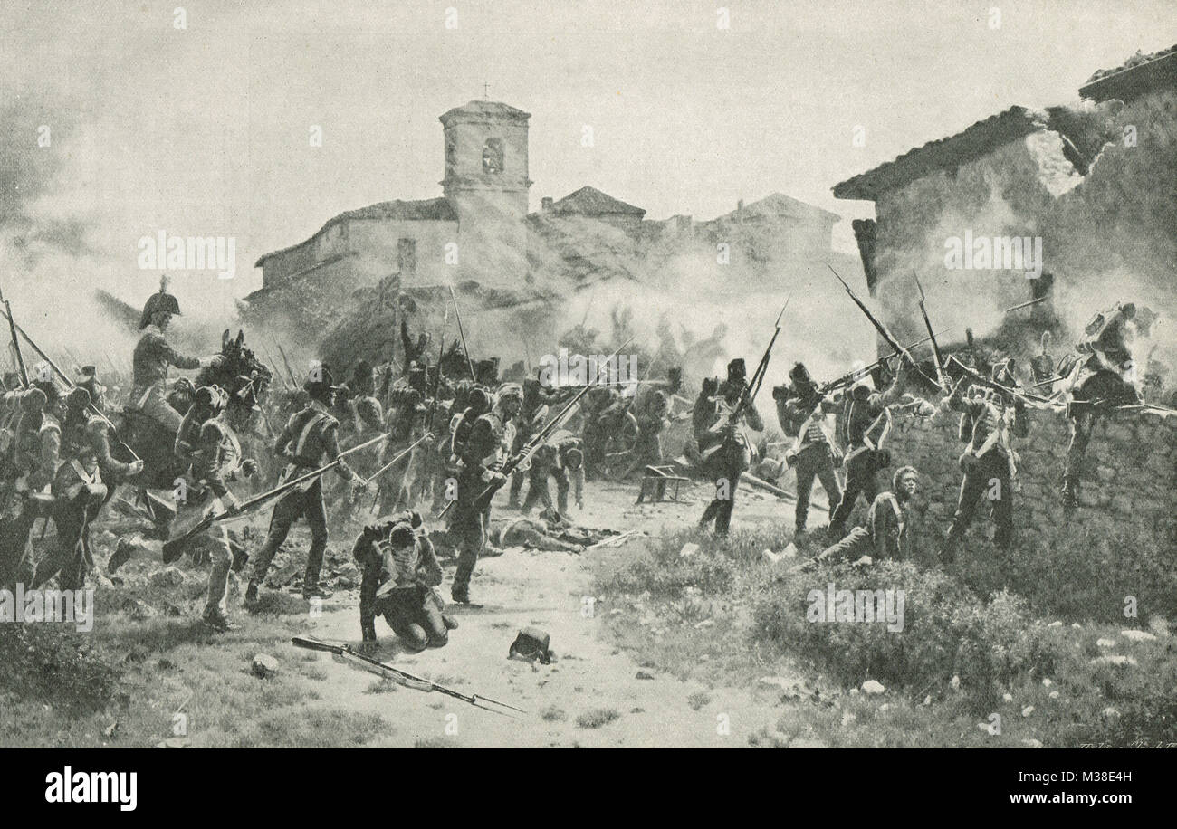 Generalmajor Robinson's Brigade unter Dorf Gamara Bürgermeister, Schlacht von Vitoria, 21. Juni 1813, vom 4., 47. und 59 Regimenter Stockfoto