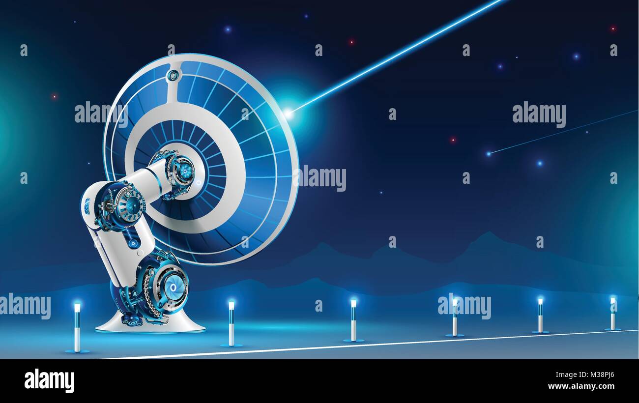 Eine große Satellitenschüssel broadcast Radio Signal in den Nachthimmel in den Bergen. Die Technologie des globalen Satelliten Fernsehen und das Internet. Stock Vektor