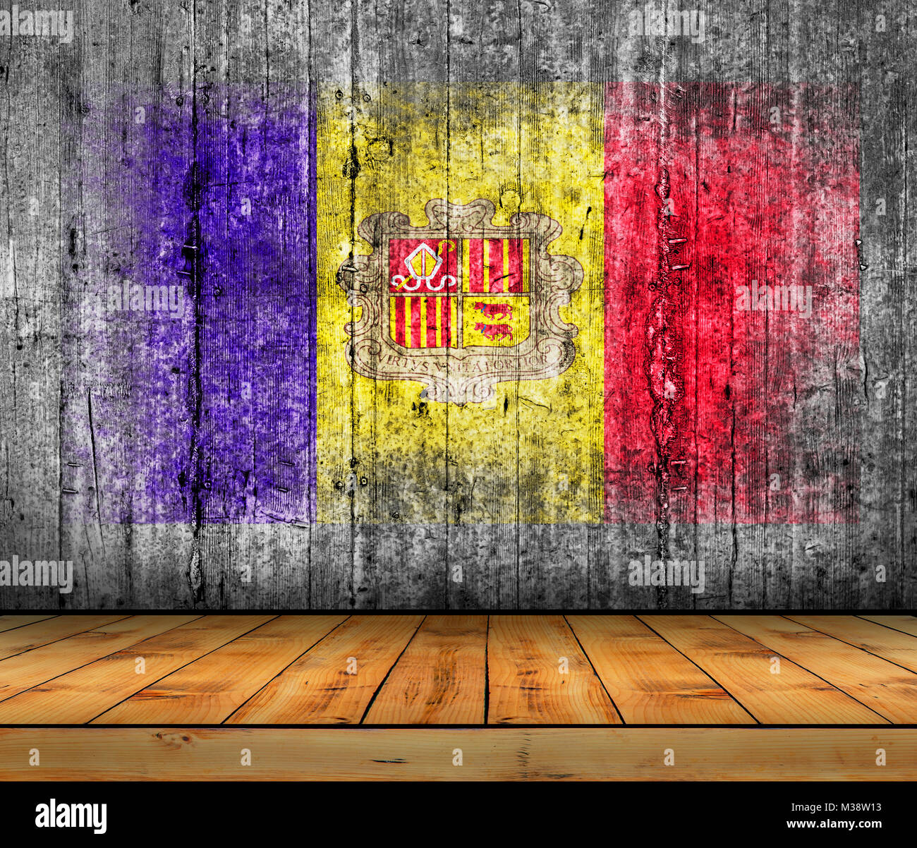 Andora Flagge auf Hintergrund Textur grauer Beton mit Parkettboden lackiert Stockfoto