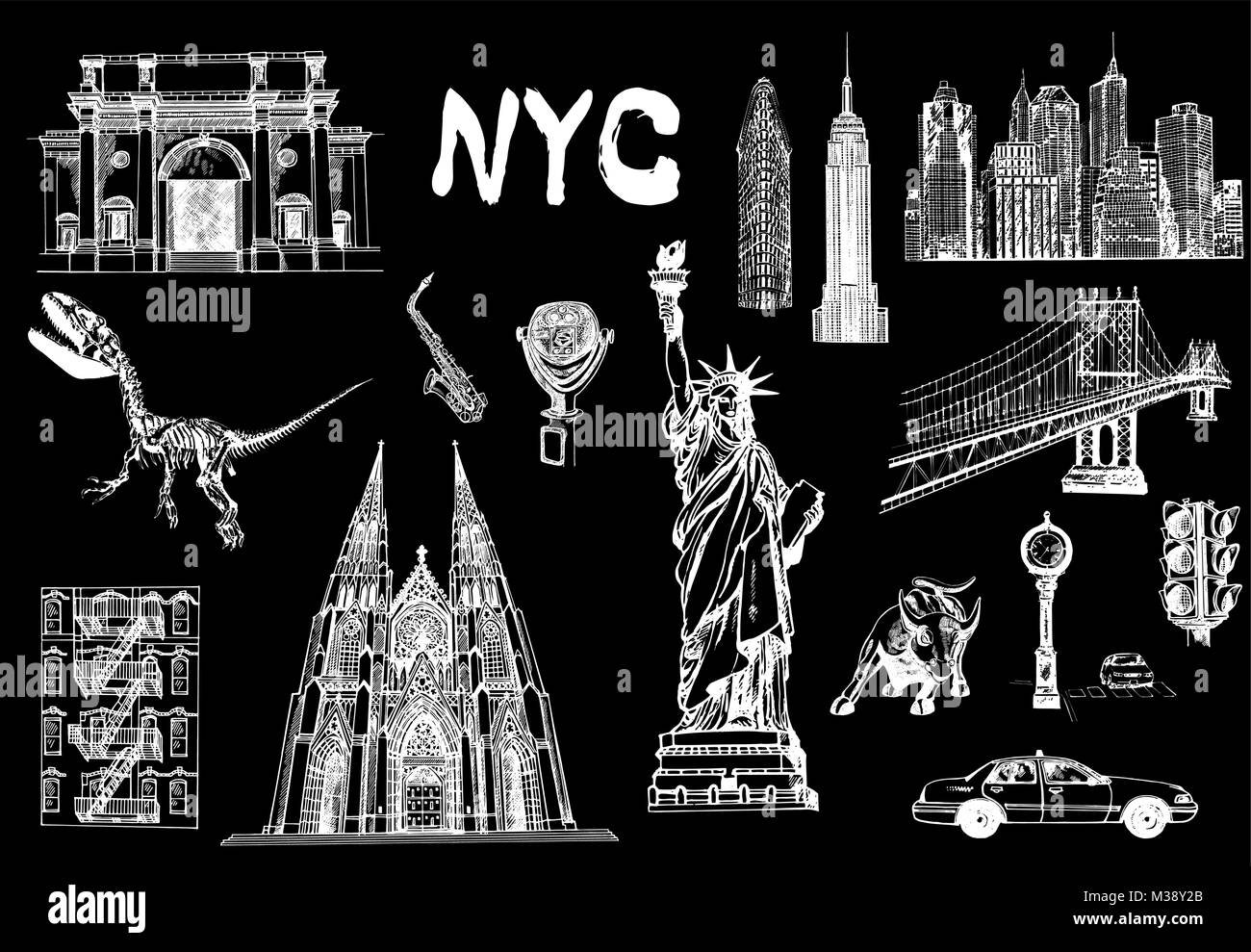 Satz von Hand gezeichnete Skizze Stil New York themed isolierte Objekte. Vector Illustration. Stock Vektor