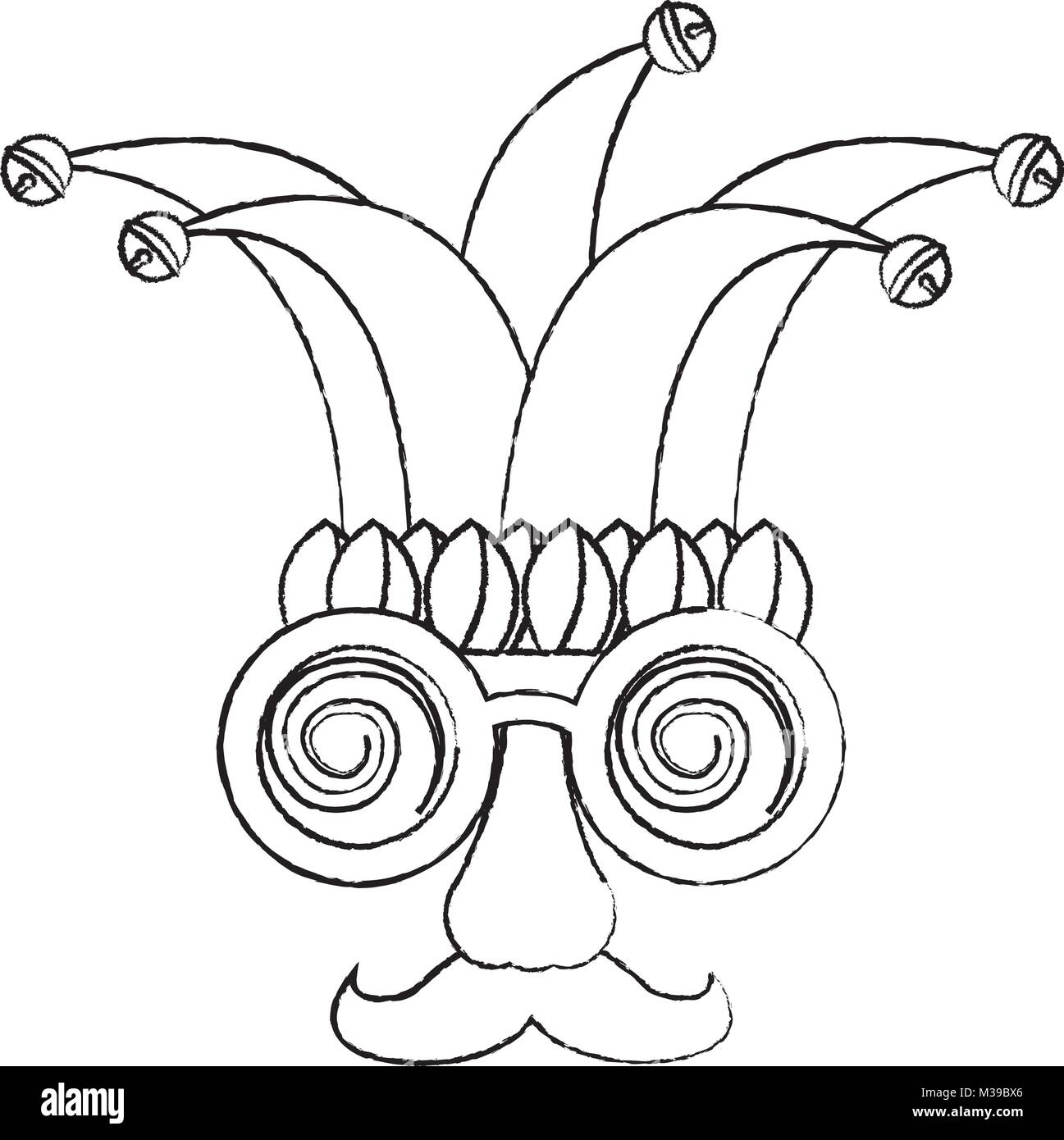 Lustige Maske dumme Gläser Schnurrbart und Hofnarr Hut narren Feier Stock Vektor