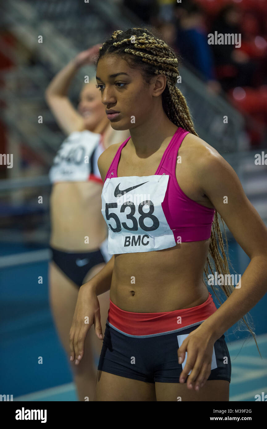 Katy-Ann McDonald (538) konkurrieren in der BMC (British Miler Club) ein Rennen an Lea Valley am 7. Februar 2018 in London, England Stockfoto