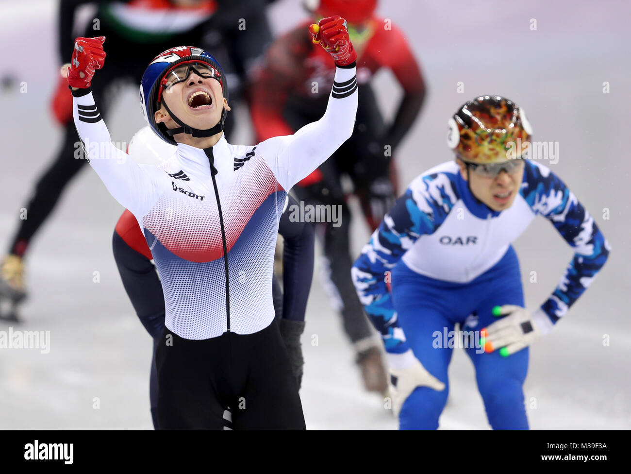 Republik Korea Hyojun Lim gewinnt die Goldmedaille bei den Herren 1500 m Kurze Titel Final A während der Olympischen Winterspiele 2018 PyeongChang in Südkorea. Stockfoto