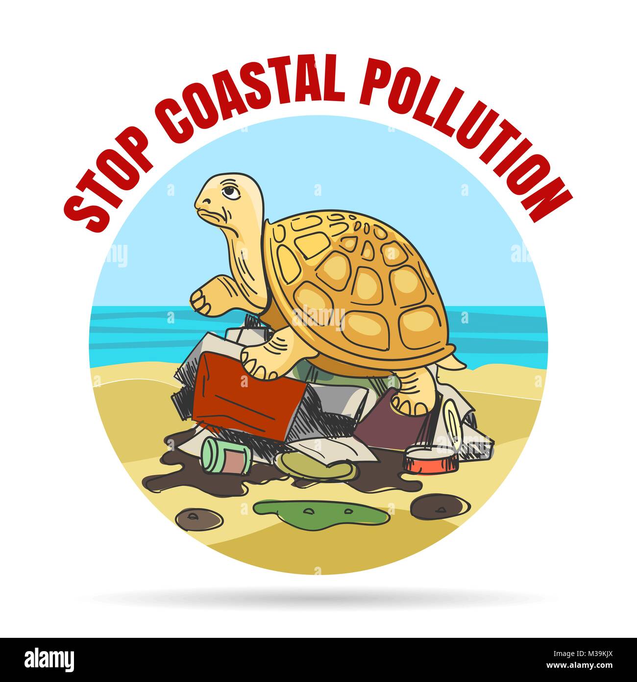 Coastial Verschmutzung Emblem im Comic-stil. Traurige Schildkröte auf einem Haufen Müll. Vector Illustration. Stock Vektor