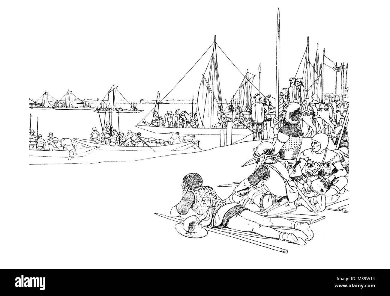 Jeanne d'Arc der Überquerung der Loire, Illustration von französischer Maler und Illustrator Louis-Maurice Boutet de Monvel von 1895 das Studio eine Illustrierte Maga Stockfoto