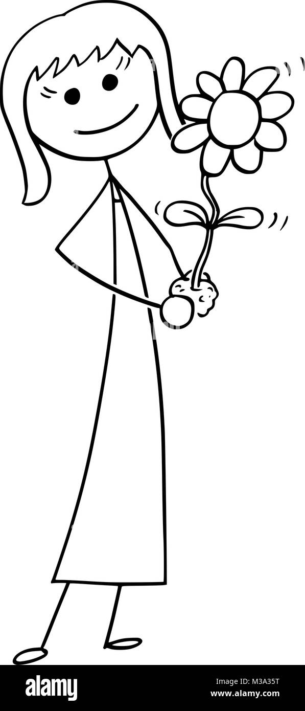 Cartoon von Business Woman mit blühenden Pflanze in der Hand Stock Vektor