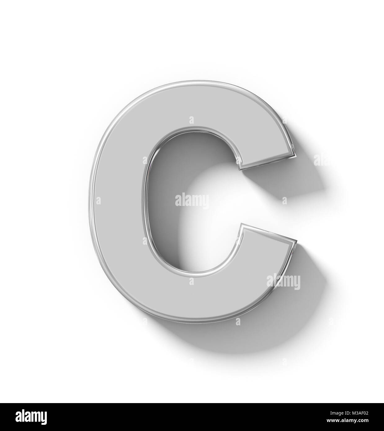 Buchstabe C3D Silber auf Weiß mit Schatten isoliert-orthogonale Projektion - 3D-Rendering Stockfoto