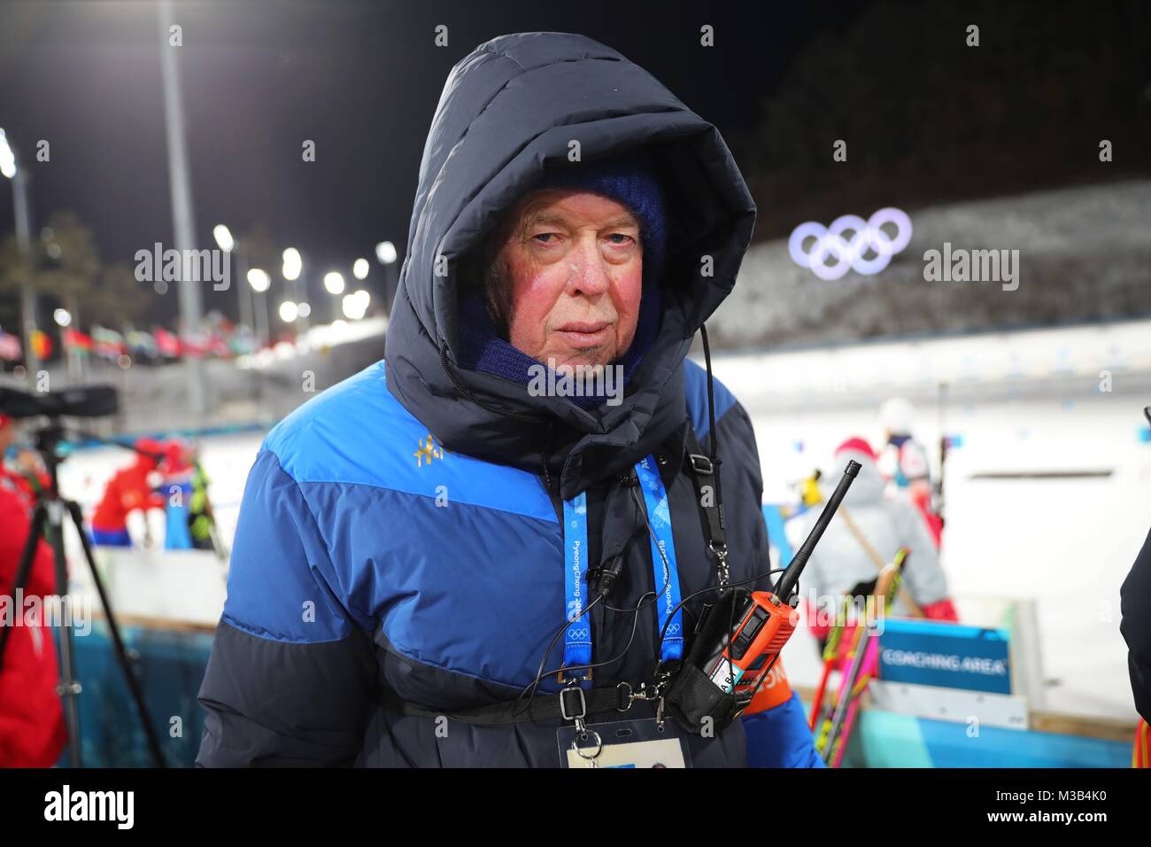 Pyeongchang, Südkorea. 10 Feb, 2018. Deutsche Wolfgang Pichler, aktuelle Trainer der schwedischen Mannschaft, scheint bei den Frauen biathlon am Alpensia Zentrum in Pyeongchang, Südkorea, 10. Februar 2018. Wie der ehemalige Trainer der Russischen Nationalmannschaft, Pichler wurde unter Verdacht, in einem der größten Dopingskandale im Sport Geschichte beteiligt. Quelle: Michael Kappeler/dpa-Zentralbild/dpa/Alamy leben Nachrichten Stockfoto